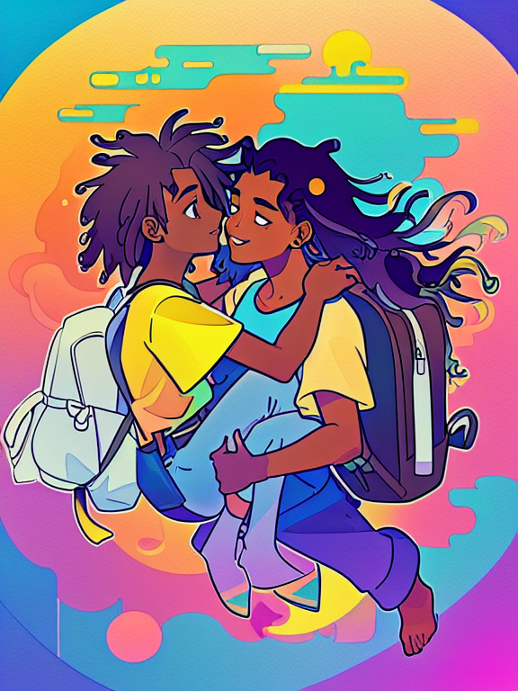 Gay black man with dreadlocks kissing his white boyfriend who has long white hair, black curly-silky hair, tan skin, wearing a backpack, style cartoon, colors, two-dimensional, planar vector, character design, T-shirt design, stickers, colorful splashes, and T-shirt design, Studio Ghibli style, soft tetrad color, vector art, fantasy art, watercolor effect, Alphonse Mucha, Adobe Illustrator, digital painting, low polygon, soft lighting, aerial view, isometric style, retro aesthetics, focusing on people, 8K resolution, octane render