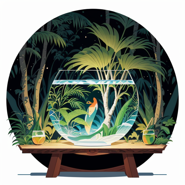 TV fishbowl, planar vector, character design, japan style artwork, on a shamanic vision quest, with beautiful nocturnal sun and lush Amazon jungle in the background, subtle geometric patterns, clean white background, professional vector, full shot, 8K resolution, deep impression illustration, sticker type, vibrant color, colorful background, a painting illustration , 2D