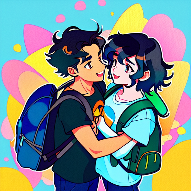 Two men kissing, black curly-silky hair, tan skin, wearing a backpack, style cartoon, colors, two-dimensional, planar vector, character design, T-shirt design, stickers, colorful splashes, and T-shirt design, Studio Ghibli style, soft tetrad color, vector art, fantasy art, watercolor effect, Alphonse Mucha, Adobe Illustrator, digital painting, low polygon, soft lighting, aerial view, isometric style, retro aesthetics, focusing on people, 8K resolution, octane render