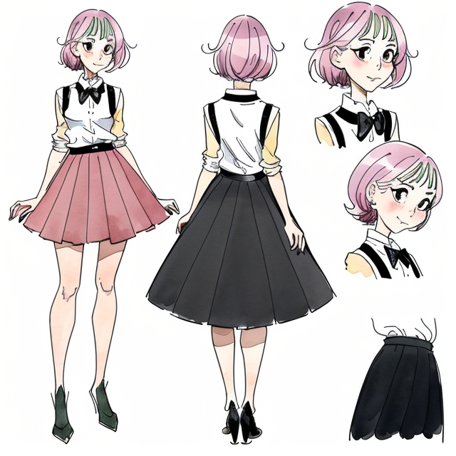 bold black lines, full-length, girl adoptable character sheet with  white curled hair short in the back and shoulder length at front with rainbow reflections/light reflections, sweater vest on a long-sleeved shirt, pink skirt, dark saphire eyes, rich fashion, pearl fashion, black socks , ribbons, cruel personality, strong jawline face, scandalous pose, by Quentin Blake, line art, drawing art, watercolor, abstract ink splash