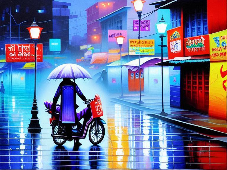 Shiro Takatani style, indian city , ((dark rainy night)), bright color palette, , an Indian homeless beggar, futuristic, dreamy oil painting, , a toilet