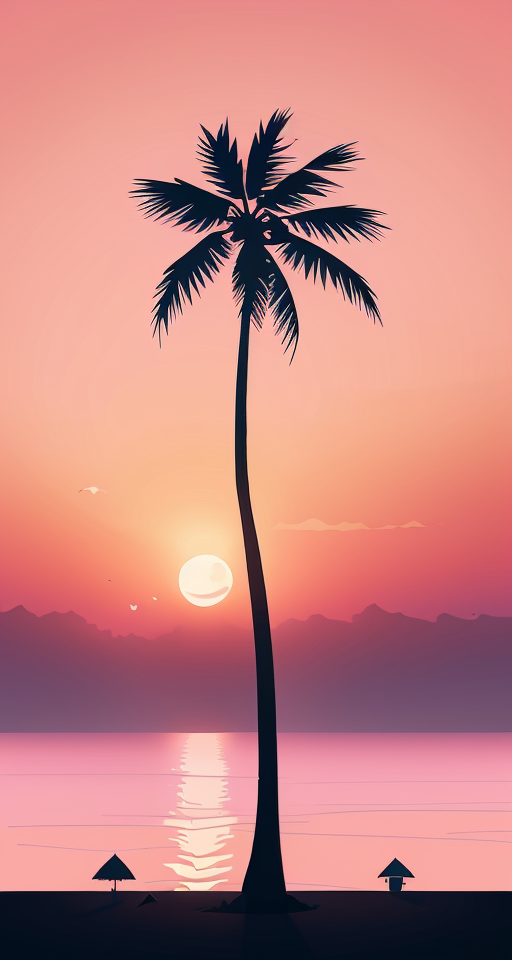 palm tree, beach, pastel colors, with silhouette of full moon, sharp edges, at sunset, with heavy fog in air, vector style, horizon silhouette Landscape wallpaper by Alena Aenami, firewatch game style, vector style background