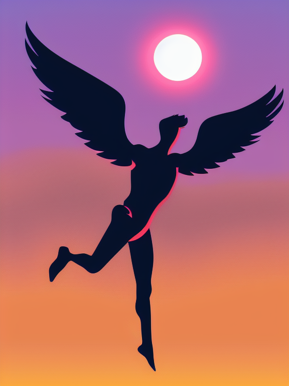 Full bodied Male Angel flying horizontally with arms stretched forward, with silhouette of full moon, sharp edges, at sunset, with heavy fog in air, vector style, horizon silhouette Landscape wallpaper by Alena Aenami, firewatch game style, vector style background