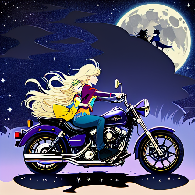 A man is riding a black motorcycle with a blonde haired woman sitting behind him. She is holding him around his waist and her hair is blowing in the wind., dark night, Bedtime story, starry night with big moon, dreamy fantasy, matte palette, delicate details, by Tracie Grimwood, children book artistic illustration, 8K UHD --v 4, Pixar style, disney style