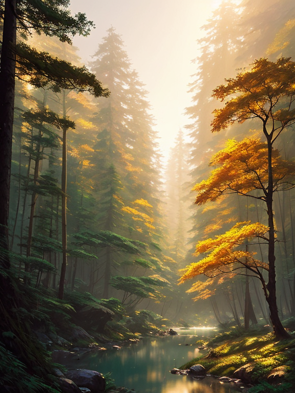 A highly detailed matte painting of a dense forest by Mokoto Shinkai, breathtaking, beautiful composition, by Greg Rutkowski, by Artgerm, by beeple, by Studio Ghibli, golden hour, volumetric lighting, octane render, detailed, oil painting, 4K resolution