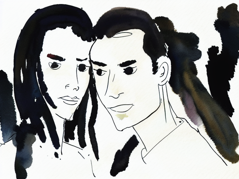 bold black lines, full-length, 2 people becoming strangers, strong jawline face, scandalous pose, by Quentin Blake, line art, drawing art, watercolor, abstract ink splash
