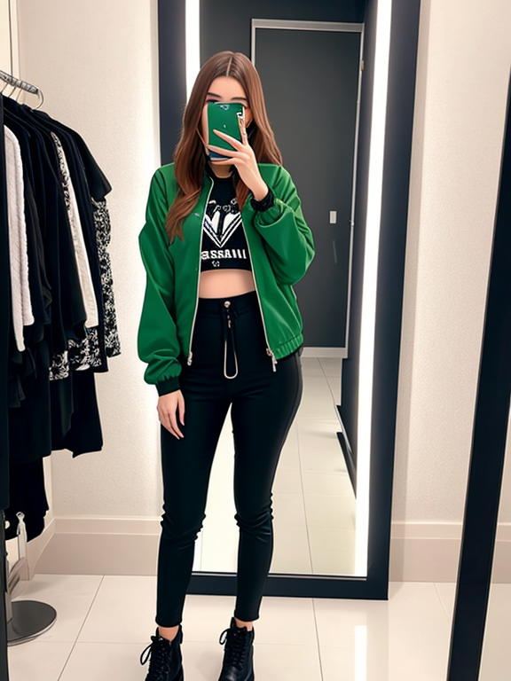there is a woman taking a selfie in a mirror, mall goth, she is wearing streetwear, mirror selfie, wearing a fancy jacket, standing in front of a mirror, at a mall, woman in streetwear, in a mall, very very low quality picture, wearing a designer top, highly aesthetic, wearing green jacket, selfie of a young woman, in a bathroom Wearing a bathing suit 