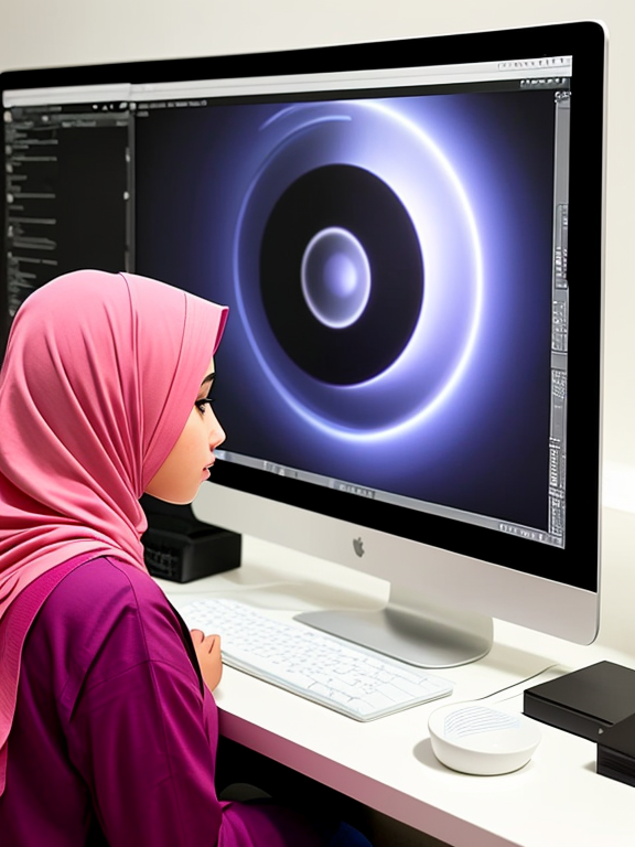 A hijabi girl looking at a computer screen which has Adobe Photoshop interface. The image should be vector art and realistic 