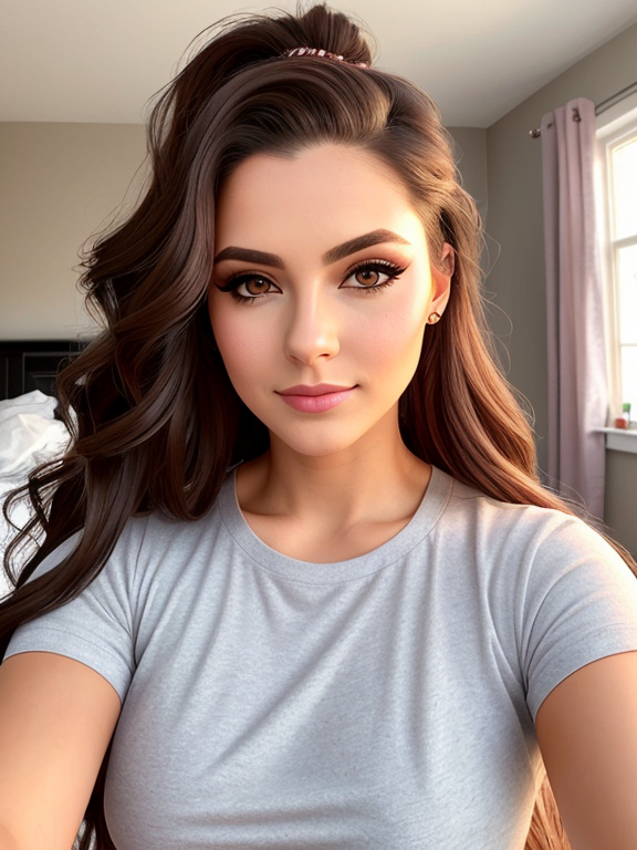  woman, long brown hair, hair slicked to one side, long wavy hair, jock, handsome, t-shirt, jeans, selfie, bedroom, small breasts, thick contoured makeup, foundation, blusher, eyeshadow, long eyelashes, cleavage