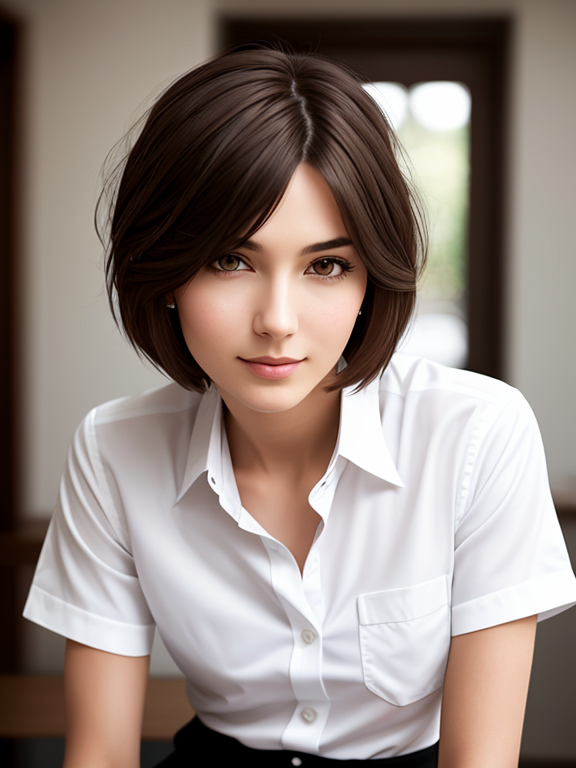 Androgynous woMan, long brown hair, bob hairstyle , close up, white work shirt, indoors, small breasts, leaning forwards