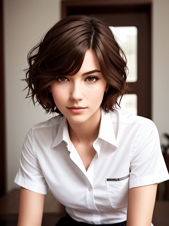Androgynous woMan, wavy long brown hair, bob hairstyle , close up, white work shirt, indoors, small breasts, leaning forwards