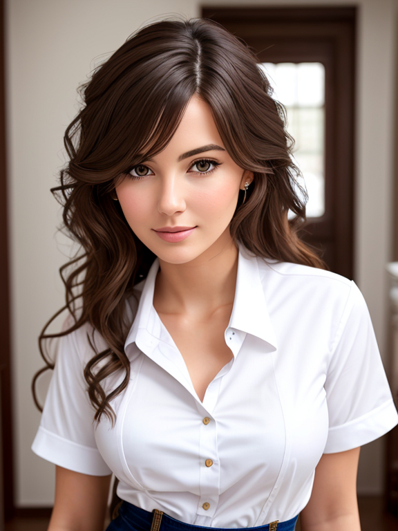  woMan, wavy long brown hair, close up, white work shirt, indoors, small breasts, leaning forwards