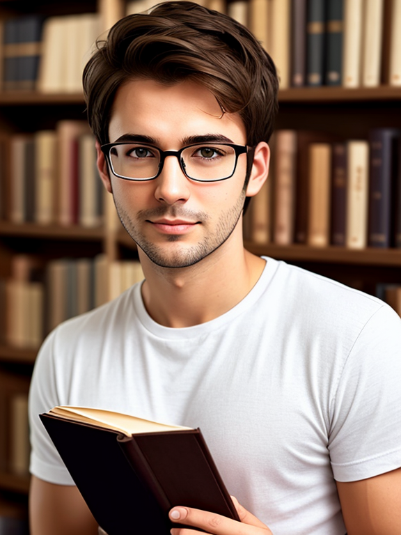 Man, nerd, glasses, stubble, short brown hair, white t-shirt, library, holding book, close up , bob hairstyle