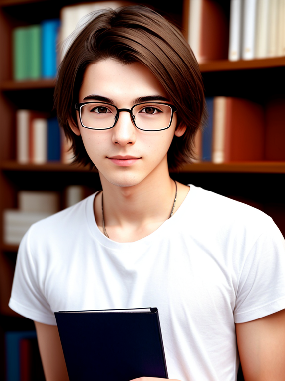 Androgynous Man, 21 years old, nerd, glasses, medium length brown hair, plain white t-shirt, library, very close up, straight hair, small breasts, 