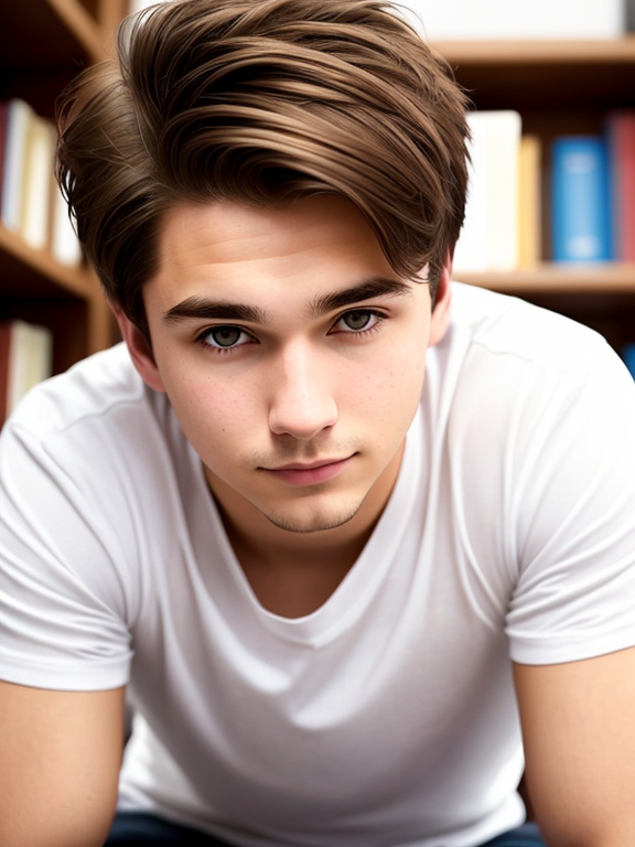 Man, 21 years old, nerd, library, shoulder length brown hair, bob hairstyle, plain white t-shirt, close up, Caucasian 