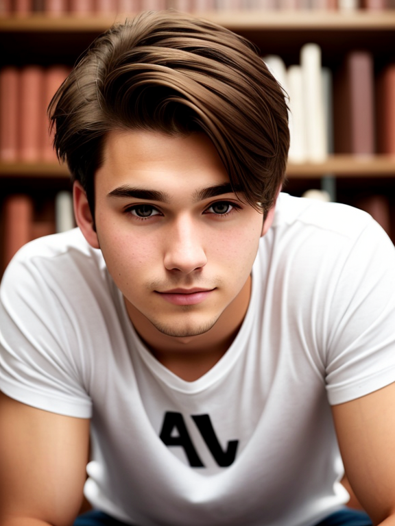 Man, 21 years old, nerd, library, shoulder length brown hair, bob hairstyle, plain white t-shirt, close up, Caucasian 