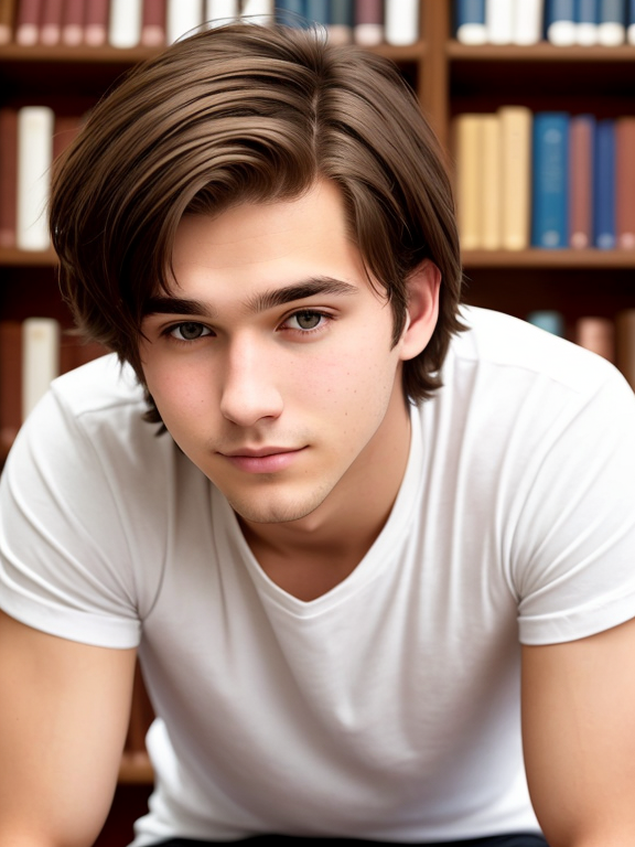 Man, 21 years old, nerd, library, medium  length brown hair, bob hairstyle, plain white t-shirt, close up, Caucasian, straight hair 