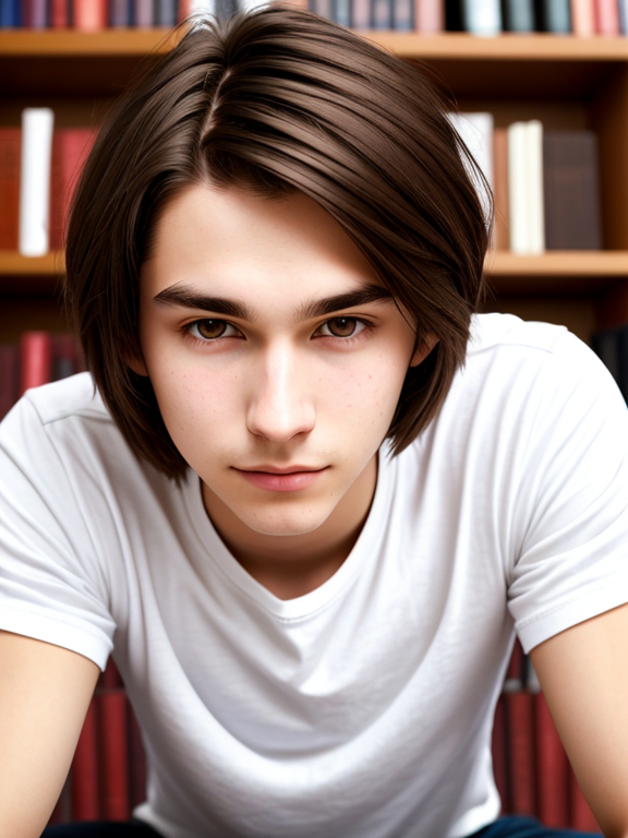 Androgynous Man, 21 years old, nerd, library, long brown hair, bob hairstyle, plain white t-shirt, close up, Caucasian, straight hair 