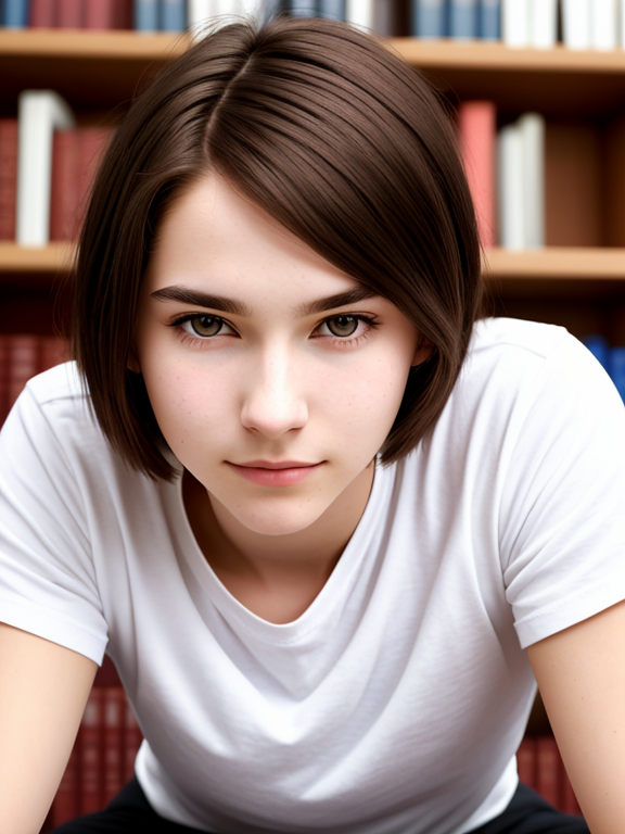 Androgynous woman, 21 years old, nerd, library, long brown hair, bob hairstyle, plain white t-shirt, close up, Caucasian, straight hair , small breasts