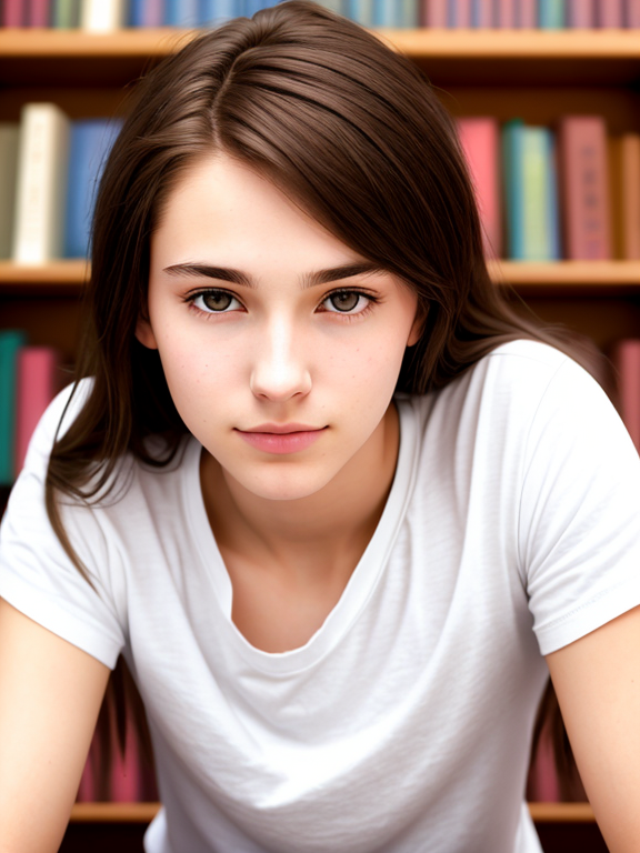 Androgynous woman, 21 years old, nerd, library, long brown hair, plain white t-shirt, close up, Caucasian, straight hair , small breasts