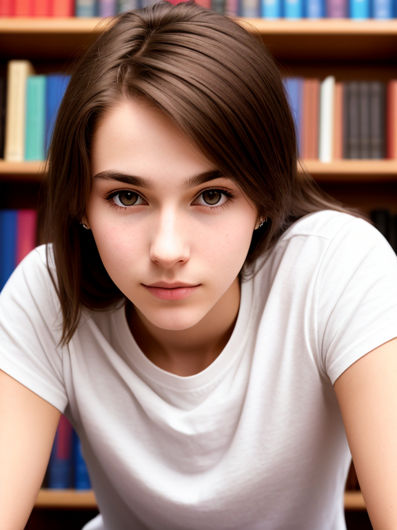 Androgynous woman, 21 years old, nerd, library, long brown hair, plain white t-shirt, close up, Caucasian, straight hair , small breasts