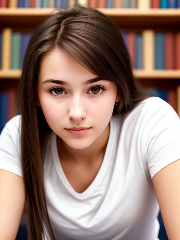  woman, 21 years old, nerd, library, long brown hair, plain white t-shirt, close up, Caucasian, straight hair , small breasts