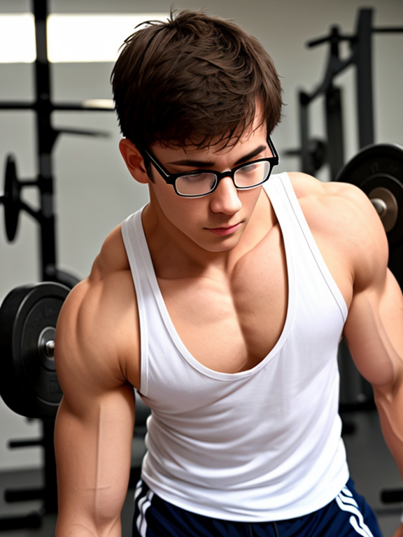 Man, nerd, gym, white tank top, short brown hair, lifting weights, confused, scrawny, close up 