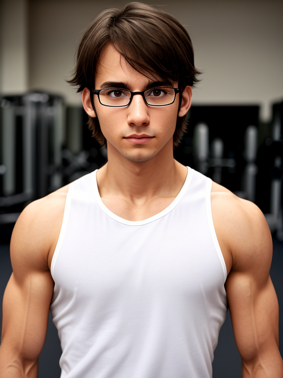 Man, nerd, gym, white tank top, long brown hair, confused, scrawny, close up , weakling, skinny, glasses