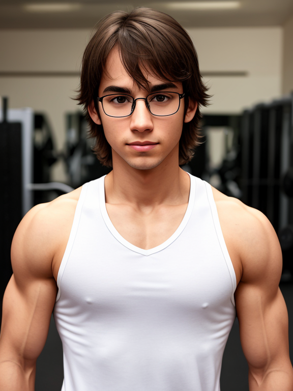 Man, nerd, gym, white tank top, long brown hair, confused, scrawny, close up , weakling, skinny, glasses