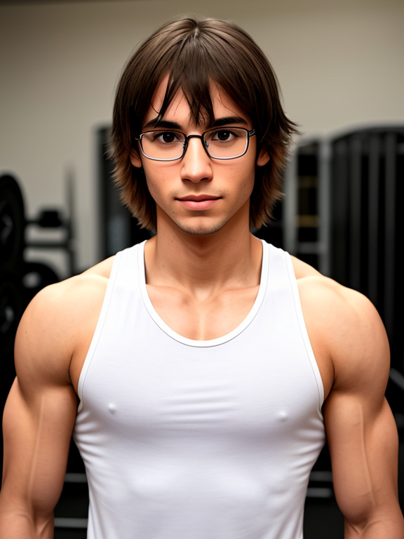 Man, nerd, gym, white tank top, long brown hair, confused, scrawny, close up , weakling, skinny, glasses, straight hair