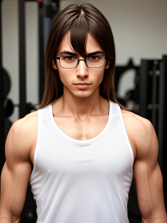 Androgynous Man, nerd, gym, white tank top, long brown hair, confused, scrawny, close up , weakling, skinny, glasses, straight hair
