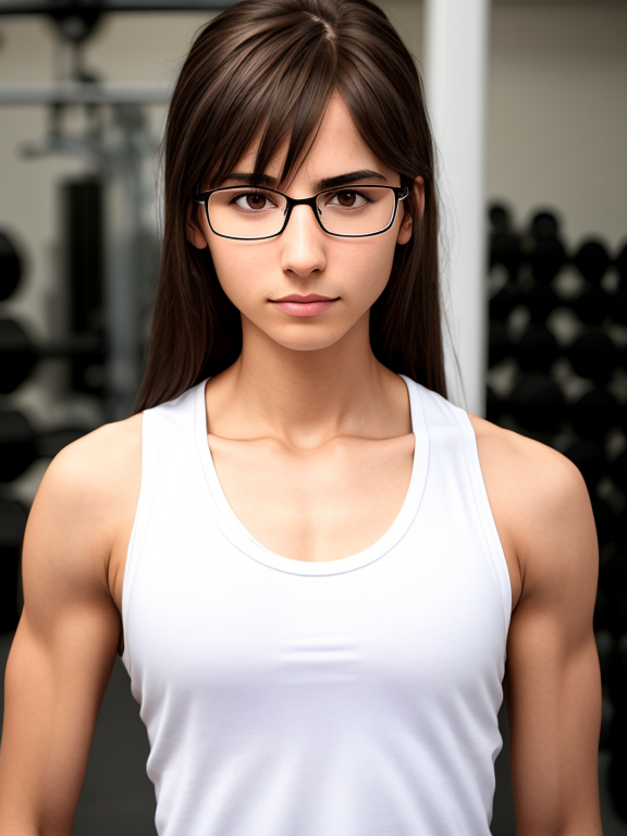 Androgynous woMan, nerd, gym, white tank top, long brown hair, confused, scrawny, close up , weakling, skinny, glasses, straight hair, small breasts 