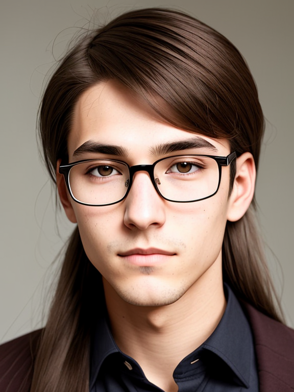 androgynous Man, nerd, acne, very long brown hair, very close up, big nose, ugly, straight hair