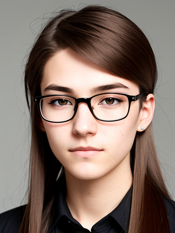 androgynous  woMan, nerd, acne, very long brown hair, very close up, big nose, ugly, straight hair