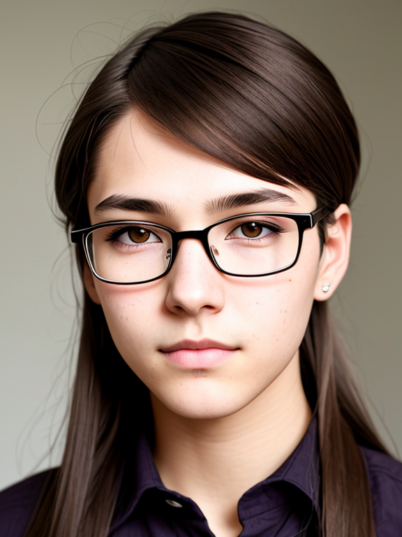 androgynous  woMan, nerd, acne, very long brown hair, very close up, button nose nose, ugly, straight hair
