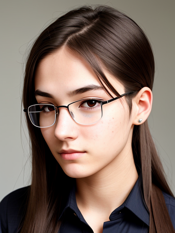 androgynous  woMan, nerd, acne, very long brown hair, very close up, button nose nose, ugly, straight hair