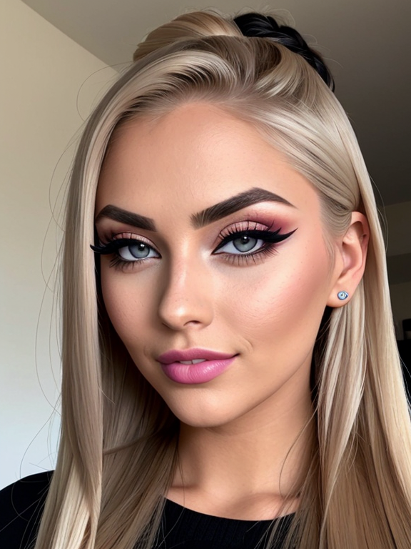  woMan, nerd, very long blonde hair, very close up, button nose nose, beautiful, straight hair, eyelashes, eyeshadow, foundation, blusher, mascara, big lips, lip filler, white teeth, fake tan, bronzer, thick contoured makeup, large breasts, cleavage, zoom out slightly, bimbo, slutty, thick eyebrows