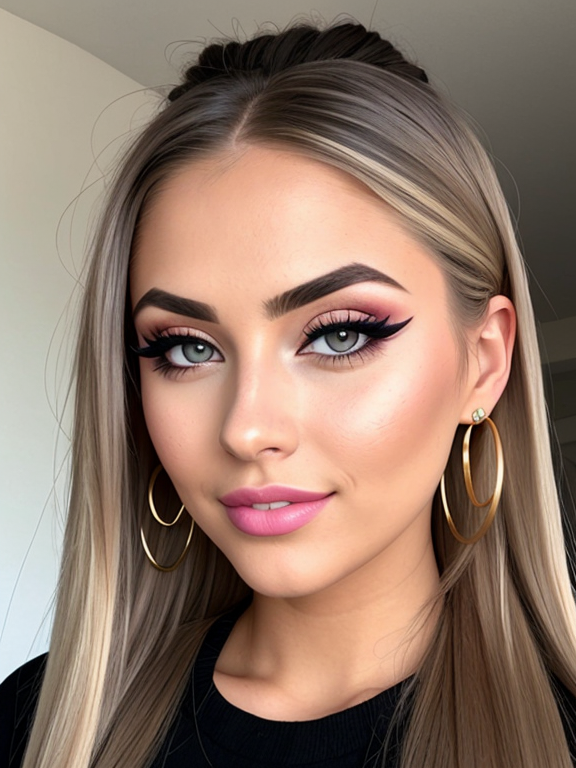  woMan, nerd, very long blonde hair, very close up, button nose nose, beautiful, straight hair, eyelashes, eyeshadow, foundation, blusher, mascara, big lips, lip filler, white teeth, fake tan, bronzer, thick contoured makeup, large breasts, cleavage, zoom out slightly, bimbo, slutty, thick eyebrows, gold hoop earrings, girly top