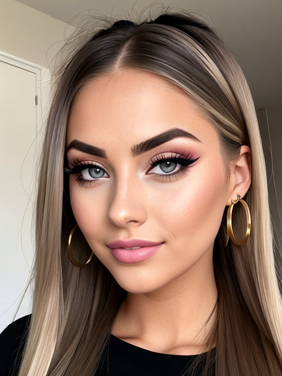 woMan, nerd, very long blonde hair, very close up, button nose nose, beautiful, straight hair, eyelashes, eyeshadow, foundation, blusher, mascara, big lips, lip filler, white teeth, fake tan, bronzer, thick contoured makeup, large breasts, cleavage, zoom out slightly, bimbo, slutty, thick eyebrows, gold hoop earrings, girly top