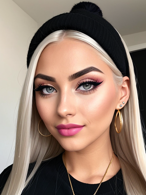  woMan, nerd, very long platinum blonde hair, very close up, button nose nose, beautiful, straight hair, eyelashes, eyeshadow, foundation, blusher, mascara, big lips, lip filler, white teeth, fake tan, bronzer, thick contoured makeup, large breasts, cleavage, zoom out slightly, bimbo, slutty, thick eyebrows, gold hoop earrings, girly top