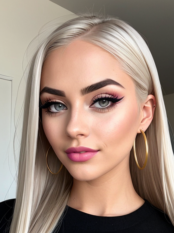  woMan, nerd, very long platinum blonde hair, very close up, button nose nose, beautiful, straight hair, eyelashes, eyeshadow, foundation, blusher, mascara, big lips, lip filler, white teeth, fake tan, bronzer, thick contoured makeup, large breasts, cleavage, zoom out slightly, bimbo, slutty, thick eyebrows, gold hoop earrings,