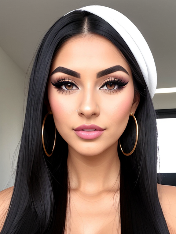 woMan, very long raven black hair, very close up, button nose nose, beautiful, very straight hair, eyelashes, eyeshadow, foundation, blusher, mascara, big lips, lip filler, white teeth, fake tan, bronzer, thick contoured makeup, large breasts, cleavage, zoom out slightly, bimbo, slutty, thick eyebrows, gold hoop earrings, tight dress