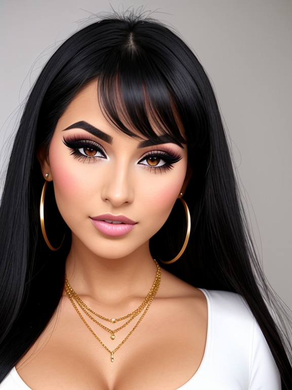 woMan, very long raven black hair, very close up, button nose nose, beautiful, very straight hair, eyelashes, eyeshadow, foundation, blusher, mascara, big lips, lip filler, white teeth, fake tan, bronzer, thick contoured makeup, large breasts, cleavage, zoom out slightly, bimbo, slutty, thick eyebrows, gold hoop earrings, tight white dress, necklace 