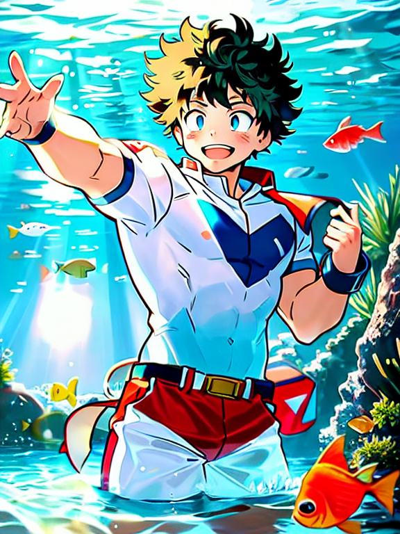 my hero academia manga anime ai art izuku midoriya as a giant tall muscular  happy superhero shark hybrid  bare abs pecs visible shark features like  sharp shark teeth in mouth facial hair fins and tail on back visible  superman s sheild logo on chestwearing long red lifeguard swim trousers flexing bare feet under water in fish tank  blowing bubbles pool swimming with his girl freind ochaco uraraka