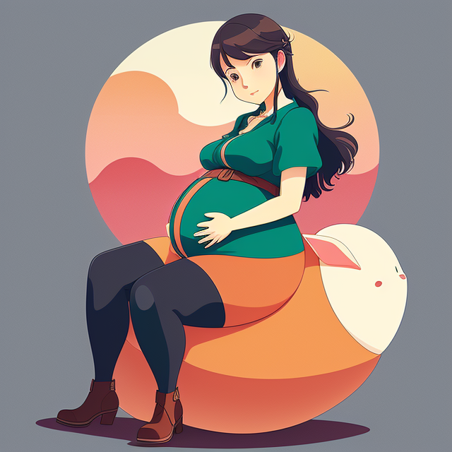 heavily pregnant woman on shield, Beautiful colors, Pencil sketches, Vector illustration, Cell shaded, Flat, 2D, In the style of studio ghibli, Art by Hiroshi Saitō, bold lines, Bold the drawing lines, Amazing details, One character