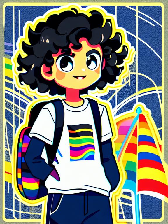 teenager boy, small in height, no shirt, short wavy hair, light skin color, gay flags tones in the background, black curly-silky, black curly-silky hair, tan skin, black curly-silky hair, tan skin, wearing a backpack, style cartoon, colors, two-dimensional, planar vector, character design, T-shirt design, stickers, colorful splashes, and T-shirt design, Studio Ghibli style, soft tetrad color, vector art, fantasy art, watercolor effect, Alphonse Mucha, Adobe Illustrator, digital painting, low polygon, soft lighting, aerial view, isometric style, retro aesthetics, focusing on people, 8K resolution, octane render