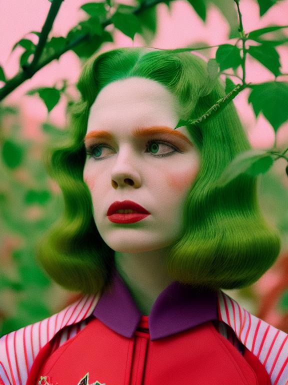 Poison ivy , 2235s, Close up, Colored, Portrait photograph, Jimmy Marble, Detailed, Sharp focus, High shutter speed, Epic composition, Matte tones, Wes Anderson