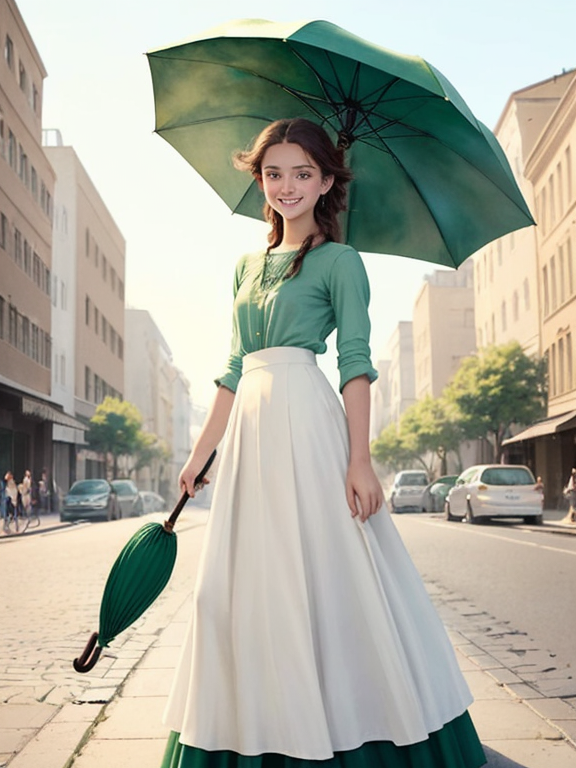 a young fifteen, with an umbrella standing in the middle of the street with a long skirt and smiling with beautiful green eyes, A simple, minimalistic art with mild colors, using Boho style, aesthetic, watercolor