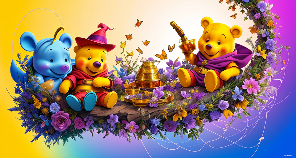 Embark on a magical journey with Winnie the Pooh, now a whimsical wizard of honey, who, amidst a fantastical honey-laden environment, eagerly unveils his newfound magical abilities to his dear friends, Piglet and Eeyore, sharing the sweetness and enchantment that honey magic brings.  Character Details:  Winnie the Pooh: Positioned centrally, Pooh, adorned in glistening purple wizard robes, orchestrates honey into mesmerizing forms with his honey-dipper wand, his eyes twinkling with delight and a bright, enchanting smile upon his face. Piglet and Eeyore: Place them to one side of the scene, eyes wide with wonder, witnessing the magical spectacle. Piglet may exhibit sheer joy and astonishment, while Eeyore, despite his usually gloomy demeanor, shows a subtle, pleased smile, enchanted by the honey magic around them. Scene Composition:  Cascading Honey Magic: Pooh’s magic manifests as lush, voluminous cascades of honey, forming shapes like flowers, stars, and perhaps even miniature honey-like sculptures of Pooh and his friends, enveloping the scene in a warm, golden glow. Enchanting Bees: Bees dance within the honey streams, some forming a sparkling halo around Pooh’s hat, while others interact playfully with Piglet and Eeyore, perhaps landing gently on Eeyore's snout or circling Piglet in a friendly, gentle manner. Majestic Honeycombs: Giant honeycombs, suspended in the air and adorned with glowing runes, may serve as platforms where some smaller creatures (like birds or butterflies) perch, watching the spectacle below, all drenched in or composed of honey. Color Palette:  Primary: Deep and Lustrous Golds for honey, Gentle Browns for Pooh, and Lavish Purples for robes. Secondary: Soft Pinks for Piglet, Grays for Eeyore, and Vibrant Greens for foliage. Accents: Utilize Creamy Whites and Dark Ambers for highlights and shadows within the honey and environment. Artistic Style:  Style: Merge classic Pooh illustrations with a vibrant, magical aesthetic, ensuring each swirl of honey and character expression is drenched in enchanting whimsy. Texture: Balance between the lush, glossy honey and the soft, comforting textures of Pooh Narrative Elements:  Pooh’s Expression: Ensure his joyful enthusiasm is palpable, as he, with wide-eyed excitement, shapes the honey, perhaps even forming a little honey Piglet and Eeyore, showcasing his magical capabilities.   Embed within the piece a rich narrative where the honey isn’t merely a spectacle but a binding magical element that draws friends together, sharing in the joy, wonder, and sweetness of the moment, weaving a tale where magic, friendship, and honey blend into a splendid, enchanting tapestry. , High quality, clean image, Depth of field, beautiful gradient, Art by Greg Rutkowski, Trending on Artstation, hyperdetailed, Hyperdetailed intricately detailed, (Hyperdetailed), High resolution, High resolution image, 8k post-production, by Brian Froud and Carne Griffiths and Wadim Kashin and John William Waterhouse, minimalistic logo design, negative space logo style, retro logo vintage, Minimalistic clip art, Golden ratio, golden ratio composition, Approaching perfection, ethereal background, Carne Griffiths and Wadim Kashin concept art, art by Carne Griffiths and Wadim Kashin concept art, Oil painting, Ink splatter, abstract ink splash, Subject fits in frame, high-quality logo, highly detailed, The logo features a circular emblem with a dark background, In the center of the emblem