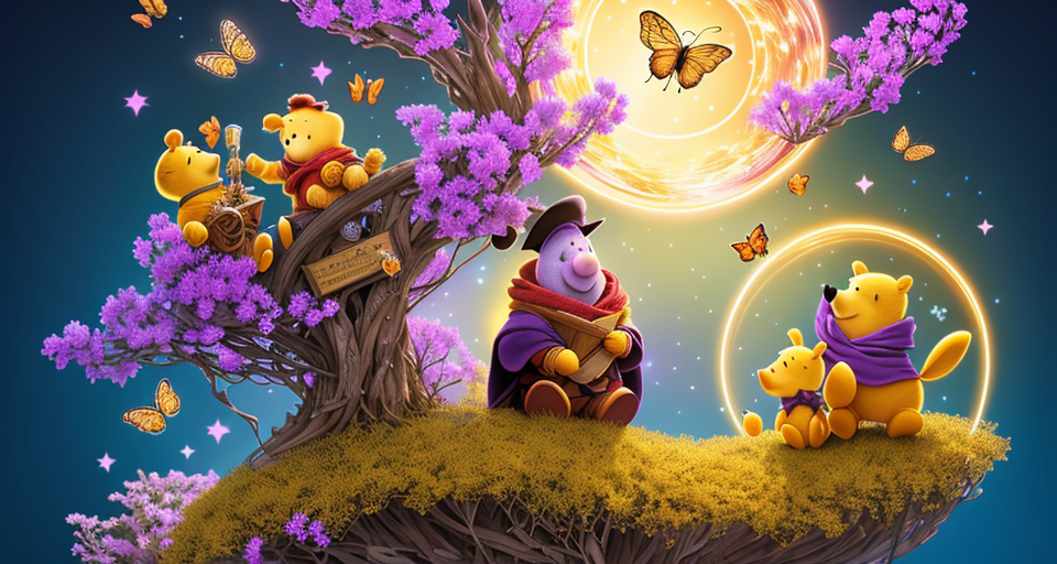 Embark on a magical journey with Winnie the Pooh, now a whimsical wizard of honey, who, amidst a fantastical honey-laden environment, eagerly unveils his newfound magical abilities to his dear friends, Piglet and Eeyore, sharing the sweetness and enchantment that honey magic brings.  Character Details:  Winnie the Pooh: Positioned centrally, Pooh, adorned in glistening purple wizard robes, orchestrates honey into mesmerizing forms with his honey-dipper wand, his eyes twinkling with delight and a bright, enchanting smile upon his face. Piglet and Eeyore: Place them to one side of the scene, eyes wide with wonder, witnessing the magical spectacle. Piglet may exhibit sheer joy and astonishment, while Eeyore, despite his usually gloomy demeanor, shows a subtle, pleased smile, enchanted by the honey magic around them. Scene Composition:  Cascading Honey Magic: Pooh’s magic manifests as lush, voluminous cascades of honey, forming shapes like flowers, stars, and perhaps even miniature honey-like sculptures of Pooh and his friends, enveloping the scene in a warm, golden glow. Enchanting Bees: Bees dance within the honey streams, some forming a sparkling halo around Pooh’s hat, while others interact playfully with Piglet and Eeyore, perhaps landing gently on Eeyore's snout or circling Piglet in a friendly, gentle manner. Majestic Honeycombs: Giant honeycombs, suspended in the air and adorned with glowing runes, may serve as platforms where some smaller creatures (like birds or butterflies) perch, watching the spectacle below, all drenched in or composed of honey. Color Palette:  Primary: Deep and Lustrous Golds for honey, Gentle Browns for Pooh, and Lavish Purples for robes. Secondary: Soft Pinks for Piglet, Grays for Eeyore, and Vibrant Greens for foliage. Accents: Utilize Creamy Whites and Dark Ambers for highlights and shadows within the honey and environment. Artistic Style:  Style: Merge classic Pooh illustrations with a vibrant, magical aesthetic, ensuring each swirl of honey and character expression is drenched in enchanting whimsy. Texture: Balance between the lush, glossy honey and the soft, comforting textures of Pooh Narrative Elements:  Pooh’s Expression: Ensure his joyful enthusiasm is palpable, as he, with wide-eyed excitement, shapes the honey, perhaps even forming a little honey Piglet and Eeyore, showcasing his magical capabilities.   Embed within the piece a rich narrative where the honey isn’t merely a spectacle but a binding magical element that draws friends together, sharing in the joy, wonder, and sweetness of the moment, weaving a tale where magic, friendship, and honey blend into a splendid, enchanting tapestry. , High quality, clean image, Depth of field, beautiful gradient, Art by Greg Rutkowski, Trending on Artstation, hyperdetailed, Hyperdetailed intricately detailed, (Hyperdetailed), High resolution, High resolution image, 8k post-production, by Brian Froud and Carne Griffiths and Wadim Kashin and John William Waterhouse, minimalistic logo design, negative space logo style, retro logo vintage, Minimalistic clip art, Golden ratio, golden ratio composition, Approaching perfection, ethereal background, Carne Griffiths and Wadim Kashin concept art, art by Carne Griffiths and Wadim Kashin concept art, Oil painting, Ink splatter, abstract ink splash, Subject fits in frame, high-quality logo, highly detailed, The logo features a circular emblem with a dark background, In the center of the emblem